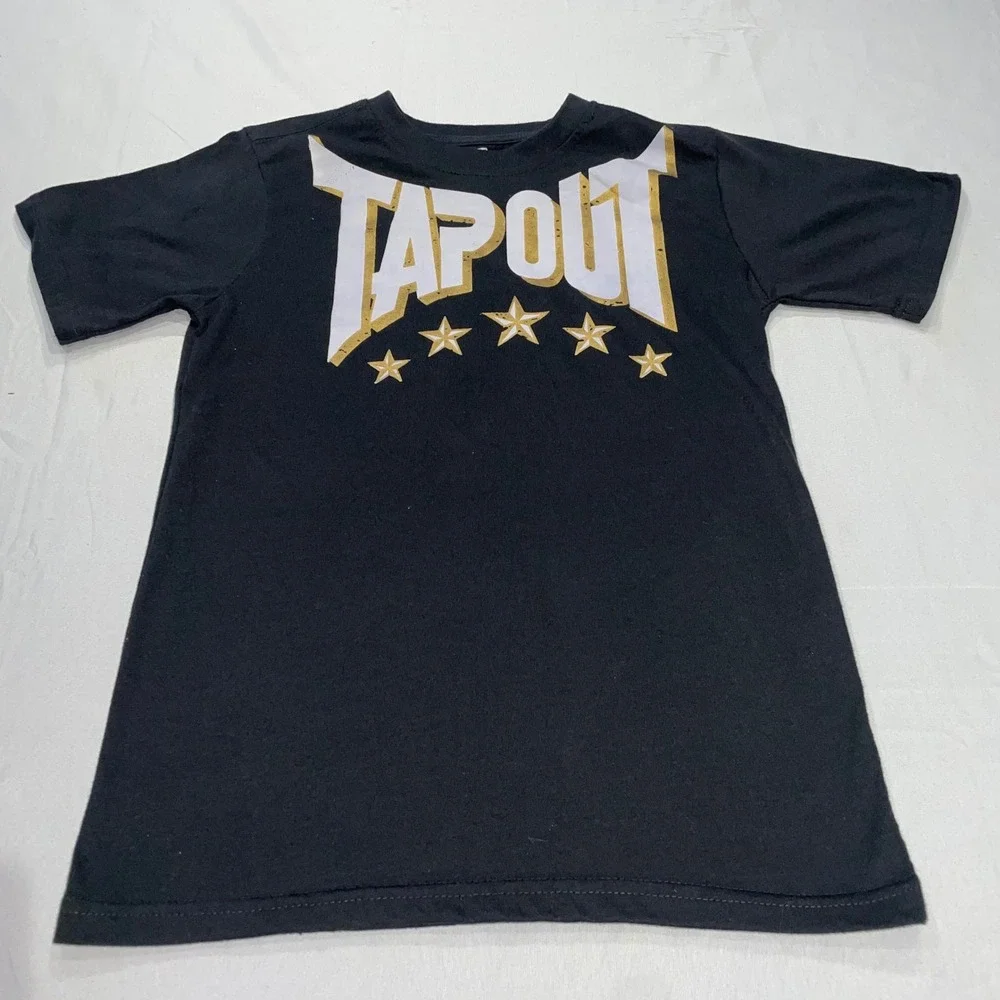 Tapout Kids Boys Black Graphic T-Shirt Gold‎ White Logo Stars Size M 10/12